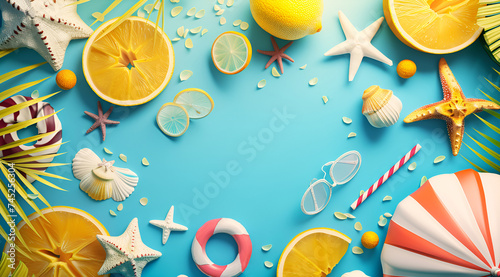 Flat lay with elements of a seaside holiday, fruits, starfish and shells Abstract summer composition on a blue Background Vacation and relaxation Copy space
