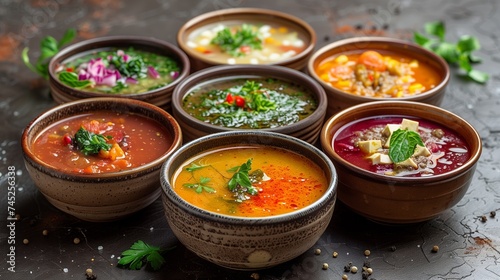 Various soups with different ingredients and recipes in bowls