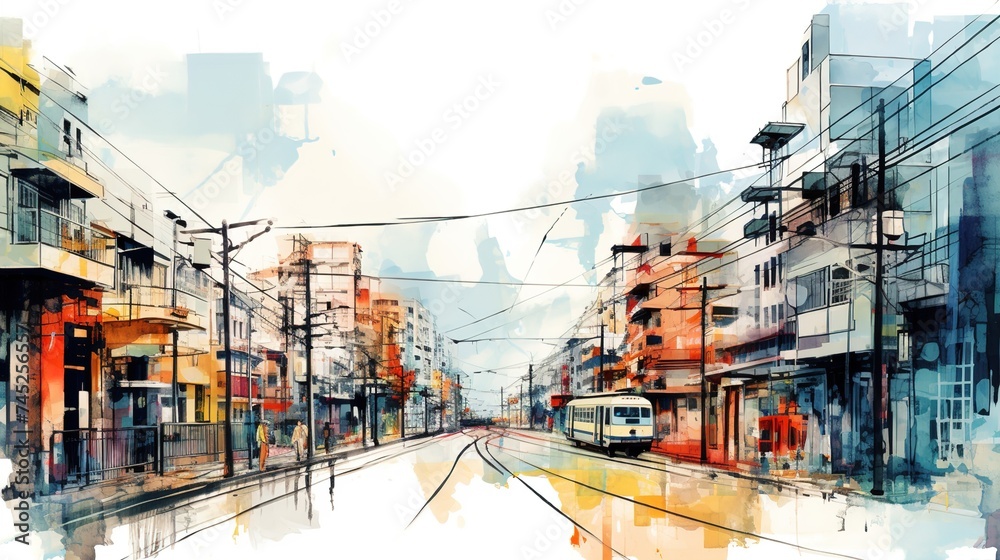 Urban Sketch Frame,  Watercolor frame resembling urban sketches with expressive lines and cityscape washes.