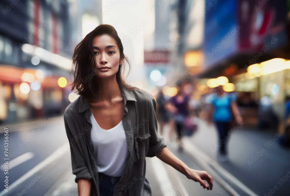 young cheerful asian woman in the city streets after sunset town lights are on young cheerful asian woman in the city streets after sunset town lights are on