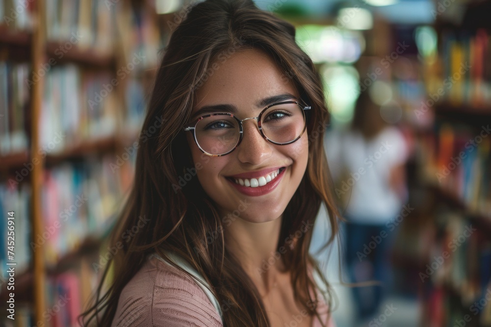 Cheerful Young Female Student with Glasses Smiling in University Library with Peers in Background Cheerful Young Female Student with Glasses Smiling in University Library with Peers in Background