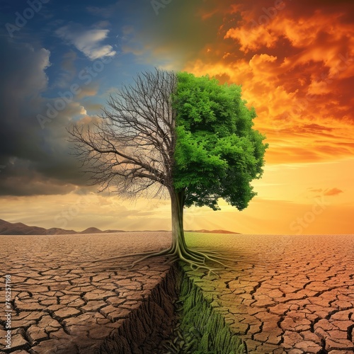 Make a realistic and breathtaking image where left half represents a dry and barren land end the right 