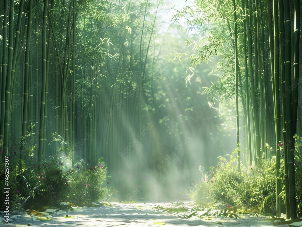 Minimalist bamboo forest, morning light filtering through, casting long shadows, evoking tranquility