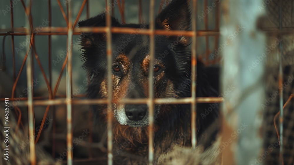Stray homeless dog in animal shelter cage with a sad abandoned hungry ...