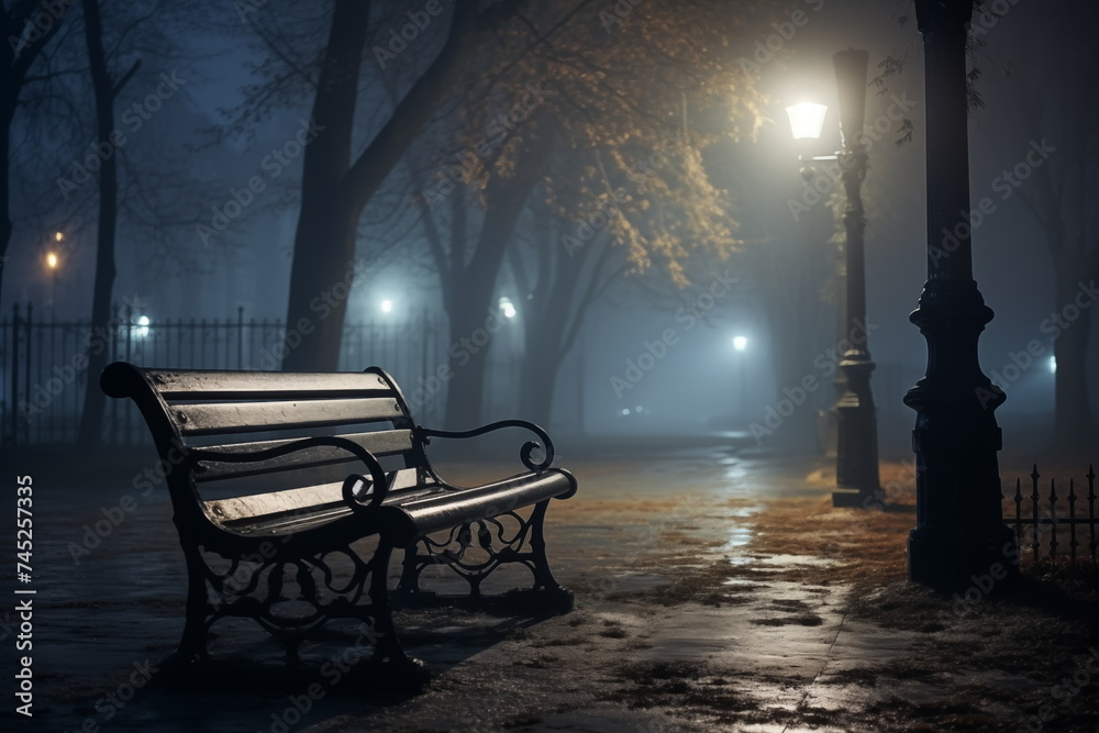 The alley of a snowy night winter park in a fog. Footpath in a fabulous winter city park at night in fog with benches and latterns. Beautiful foggy evening in the park.