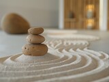 Minimalist zen garden, raked sand patterns, tranquility and mindfulness