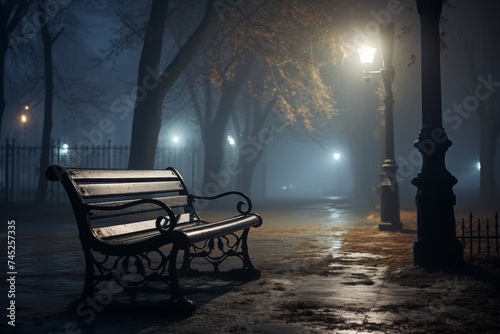The alley of a snowy night winter park in a fog. Footpath in a fabulous winter city park at night in fog with benches and latterns. Beautiful foggy evening in the park.
