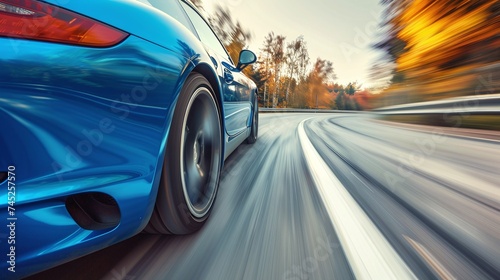 dynamic rear view of blue business car on high-speed journey, rushing along highway with motion speed blur © CinimaticWorks