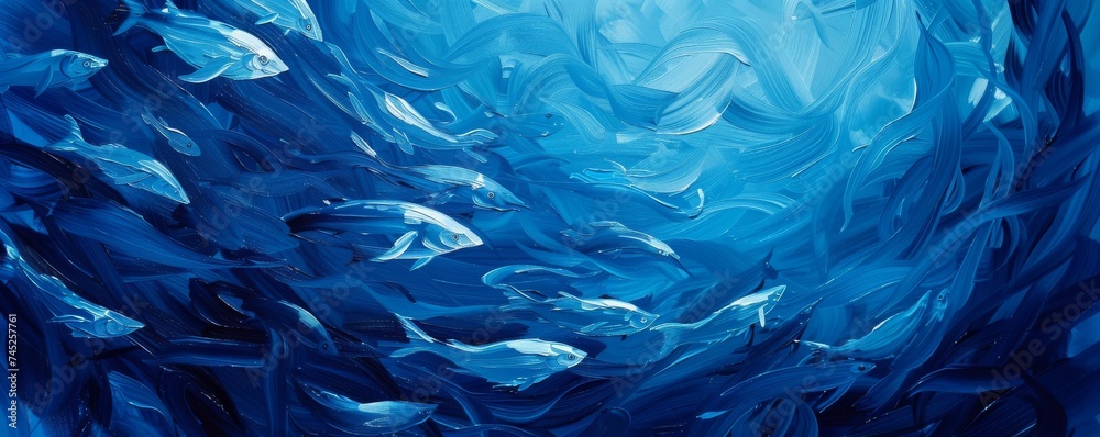 School of mackerel swirling in deep blue, underwater ballet, mesmerizing