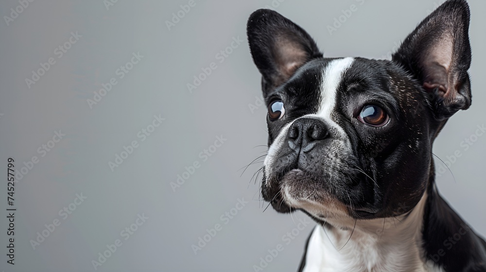 Close up portrait of a Boston Terrier dog looking at the camera, isolated on gray background.