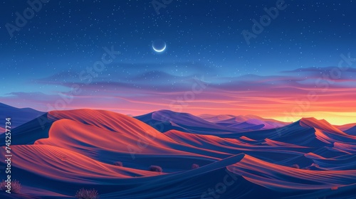 Sand dunes under starry skies, timeless landscapes whispering ancient tales photo