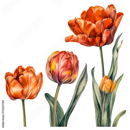 Watercolor-Rendered Tulip Ensemble' showcases a harmonious collection of tulips, each brought to life with the exquisite nuances of watercolor. This ensemble captures the subtle elegance 