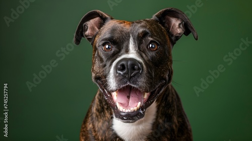 Close-up portrait of a staffordshire bull terrier on green background
