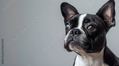 Close up portrait of a Boston Terrier dog looking at the camera, isolated on gray background. © monsifdx