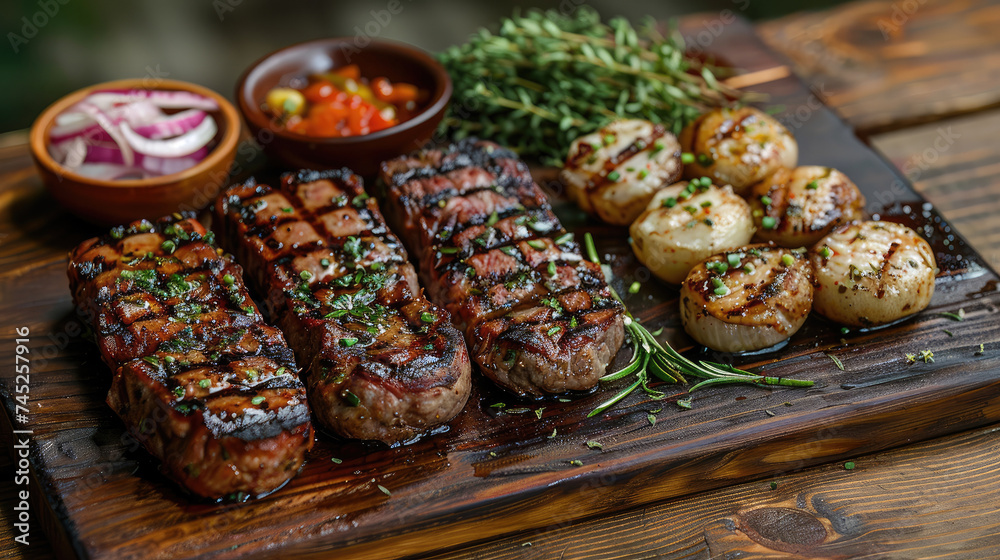 Wooden Cutting Board With Steak and Potatoes Wooden Cutting Board With Steak and Potatoes