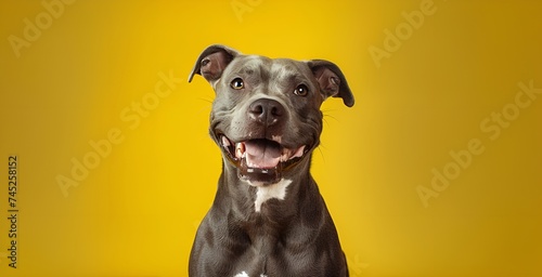Cute pit bull dog on a yellow background. Studio shot.