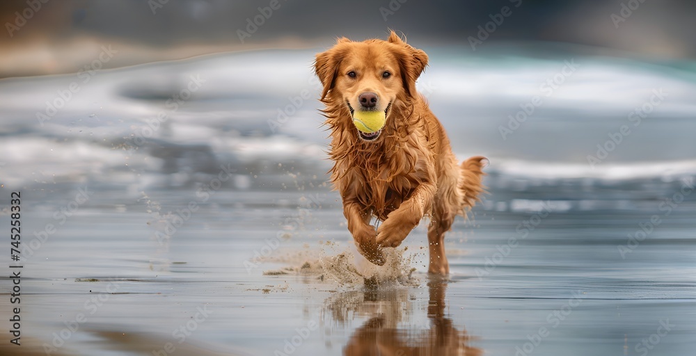 Golden Retriever running in the water with a tennis ball.