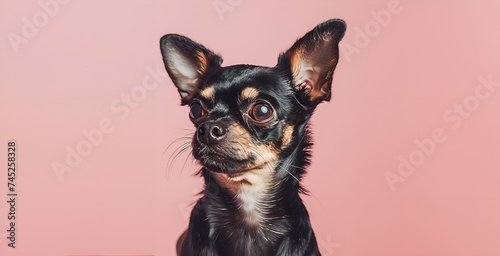 Funny portrait of a cute chihuahua dog on a pink background photo