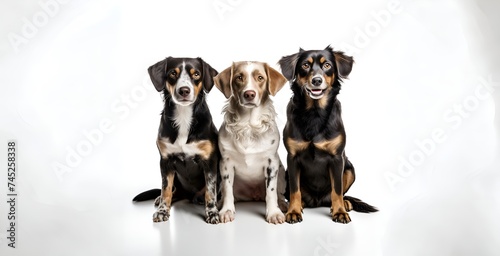 Group of three dogs sitting and looking at camera isolated on white background