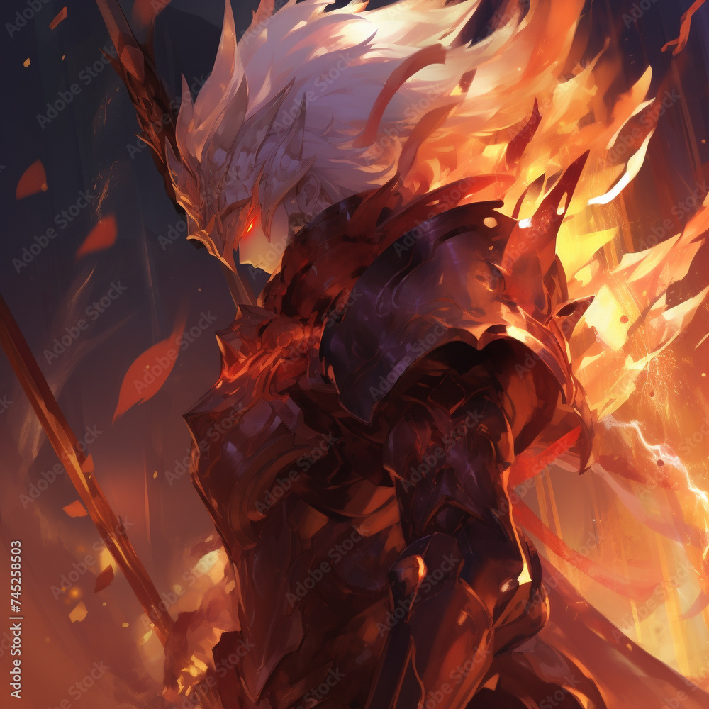 A gallant knight equipped with a flaming spear and an imposing shield standing resolute manga japan fighter - obrazy, fototapety, plakaty 