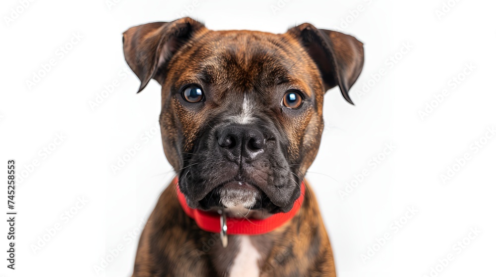 Portrait of a boxer dog looking at the camera on white background