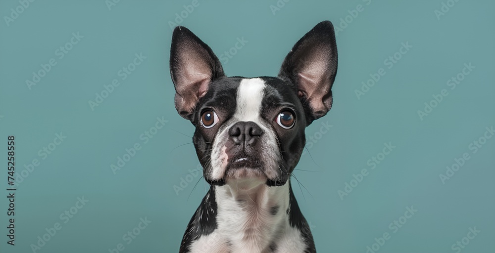 Portrait of a black and white Boston Terrier dog looking at the camera on a blue background