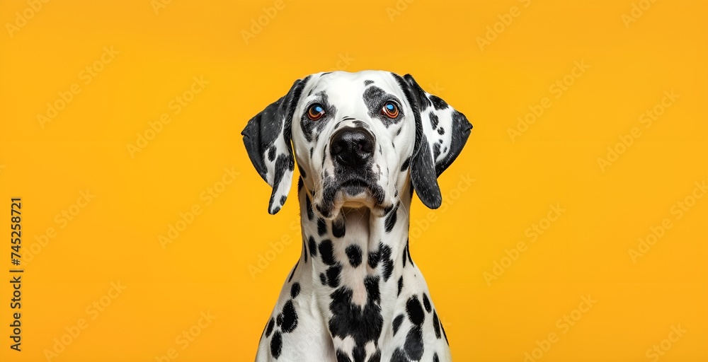 Portrait of a dalmatian dog on a yellow background