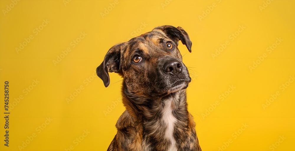 Portrait of a mixed breed dog on a yellow background. Studio shot. - obrazy, fototapety, plakaty 