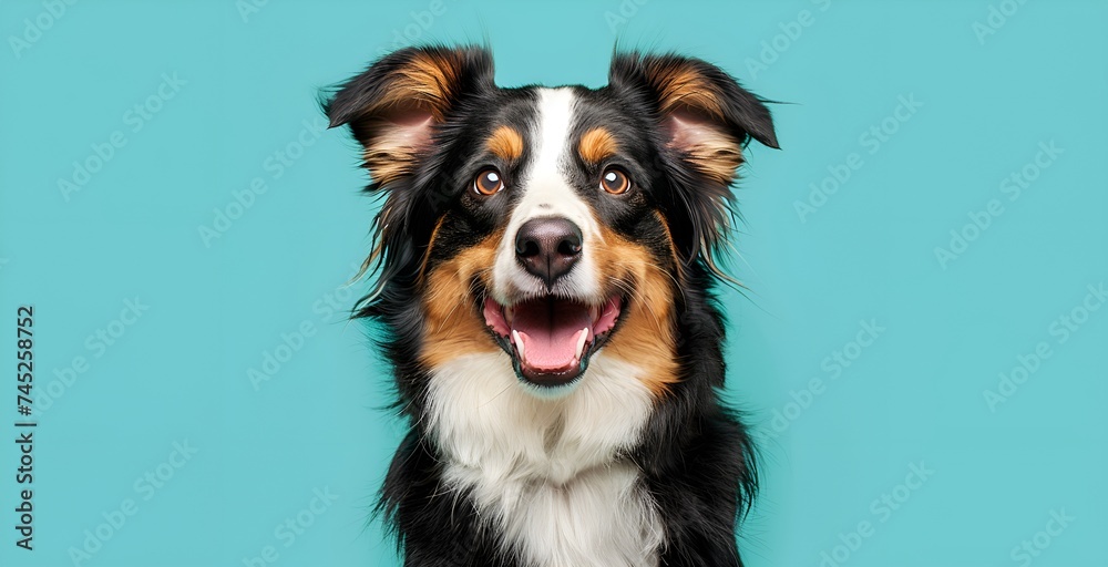 Portrait of a happy australian shepherd dog on a blue background