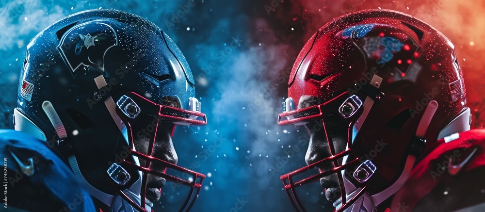 Two football helmets, one red and one blue, are positioned against a dark background, symbolizing the intense rivalry and competition in the world of American football. - obrazy, fototapety, plakaty 