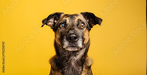 Portrait of a mixed breed dog looking at the camera on a yellow background
