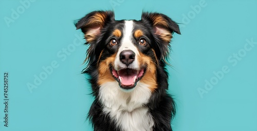 Portrait of a happy australian shepherd dog on a blue background photo