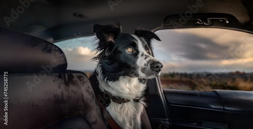 Portrait of border collie dog sitting in the car. Pet travel concept. © monsifdx