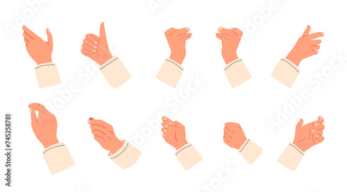Set of Hand Gestures Include Greetings, Pointing, Thumbs Up And Counting. Non-verbal Communication Signals, Emotions