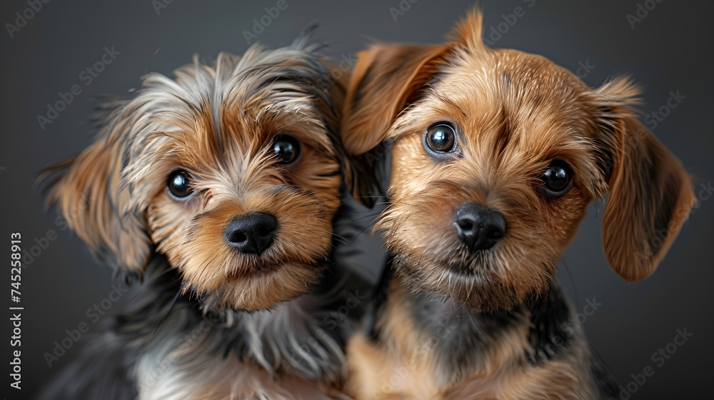 Two puppies of yorkshire terrier close-up on a gray background. - obrazy, fototapety, plakaty 