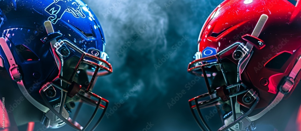 Fototapeta premium Two football helmets, one red and one blue, are positioned against a dark background, symbolizing the intense rivalry and competition in the world of American football.