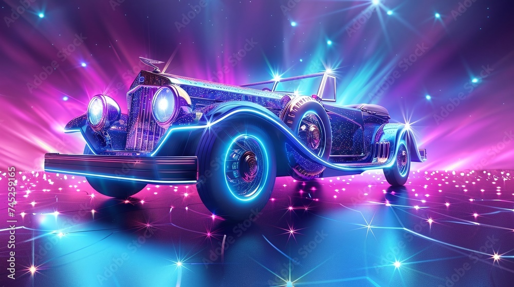 disco party background with vintage car in shiny blue and purple neon lighting, creating a vibrant atmosphere for a groovy nightclub celebration