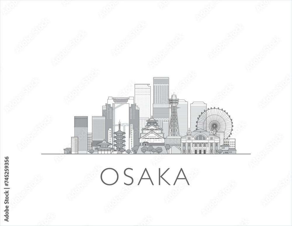 Osaka, Tokyo cityscape line art style vector illustration