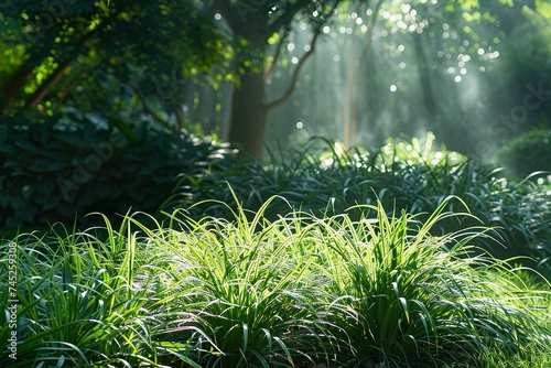 a tranquil natural setting. The foreground is adorned with vibrant green grass  its blades distinct and healthy. In the background  sunlight filters through foliage