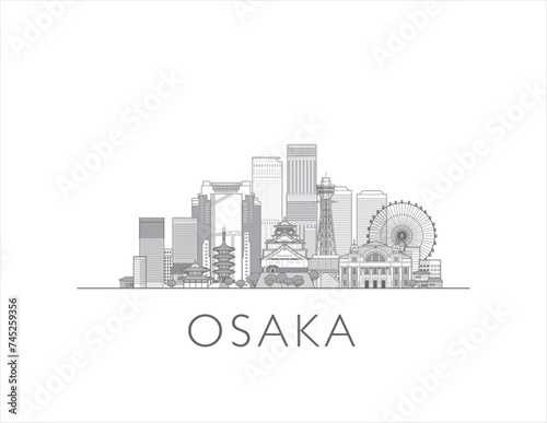 Osaka, Tokyo cityscape line art style vector illustration