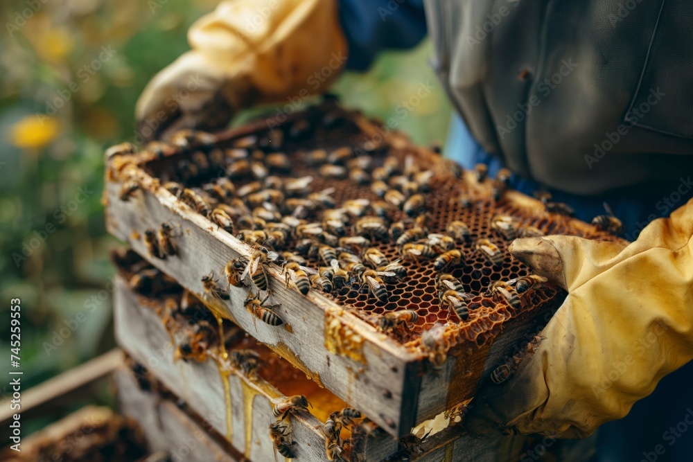 Beekeeper holding a honeycomb full of bees, working collect honey. Beekeeping. Beekeeper holding a honeycomb full of bees, working collect honey. Beekeeping.