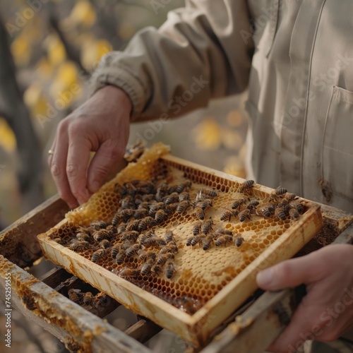 Beekeeper holding a honeycomb full of bees, working collect honey. Beekeeping.