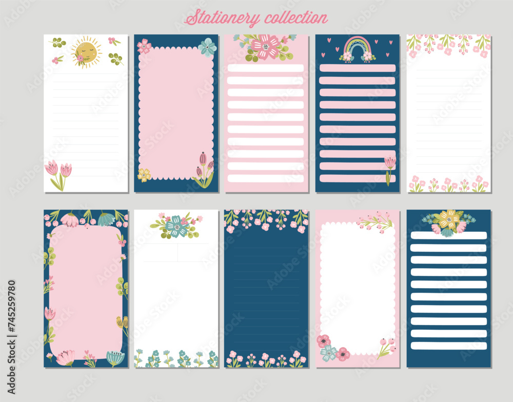 Set of cute daily planners with flowers and unicorns. Girly sweet collection of daily stationery, cute trendy illustrations for kids and teens