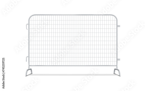 Metal interlocking event security barricade fence panel mockup. Steel crowd control barrier. Realistic vector mock-up