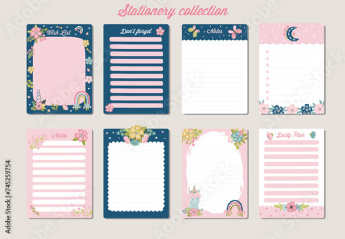 Set of cute daily planners with flowers and unicorns. Girly sweet collection of daily stationery, cute trendy illustrations for kids and teens