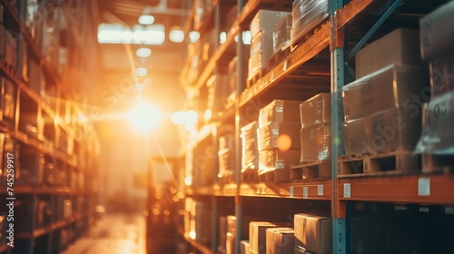 Vertical view of a retail warehouse full of shelves with goods in cartons, with pallets and forklifts and sun light. Logistics and transportation blurred background. Product distribution center © Mohsin