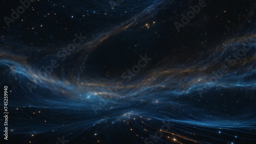 space galaxy background, The velvety black night sky, bathed in a deep, ethereal cobalt hue. On this inky canvas, iridescent arcs of glowing blue lines.