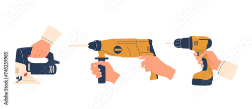 Handyman Hands Deftly Grip A Jigsaw, Ensuring Precise Cuts, Hammer Drill, Poised For Powerful Drilling, And Screwdriver