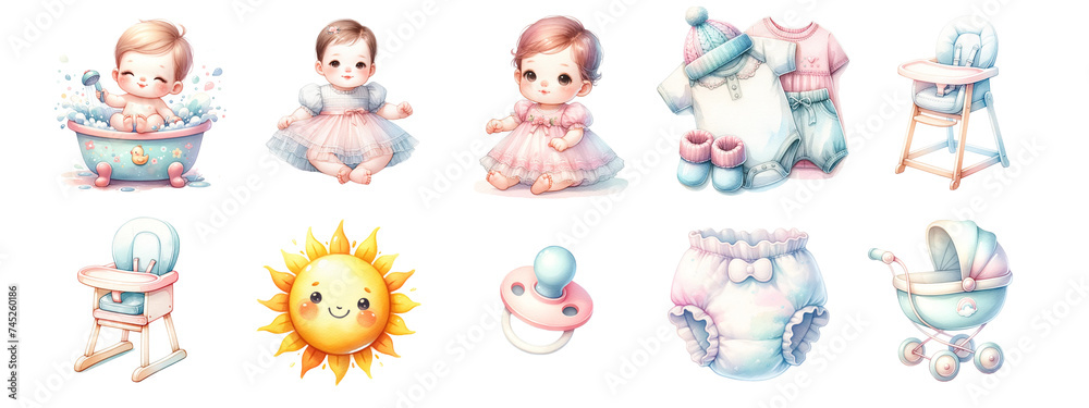 Watercolor baby shower on white background Watercolor baby shower on white background