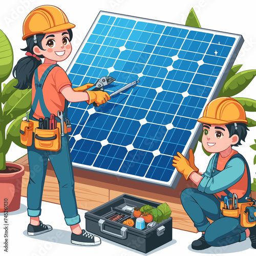 technician is repairing solar panels illustration